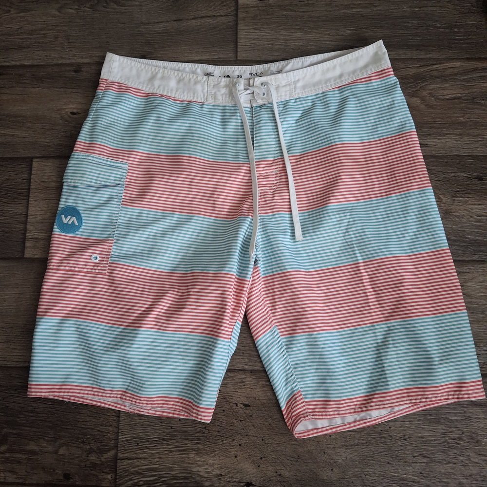 RVCA Men's Striped Swim Shorts - Red and Blue